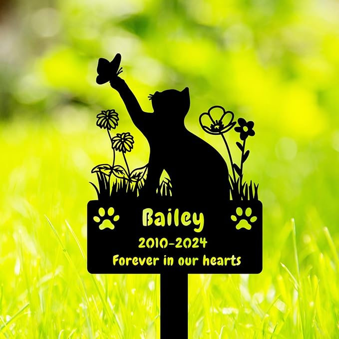 Custom Cat Grave Marker Cat Burial Stake, Personalized Butterfly Flowers Cat Memorial Garden Stake, Metal Cat Memorial Plaque for Outdoors, Customized Pet Headstone