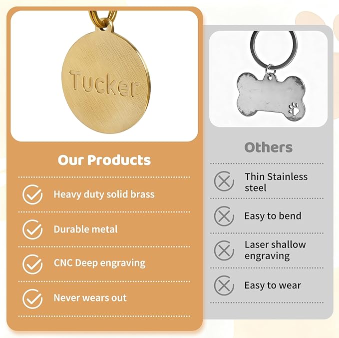 Solid Brass Personalized Dog Tags, Deep Engraved Pet ID Tag for Dogs and Cats, Heavy Duty Extra Thick Custom Name & Phone Number, Never Wear Off, Gift for Pets, 2 Polishing Pads Included (Long)