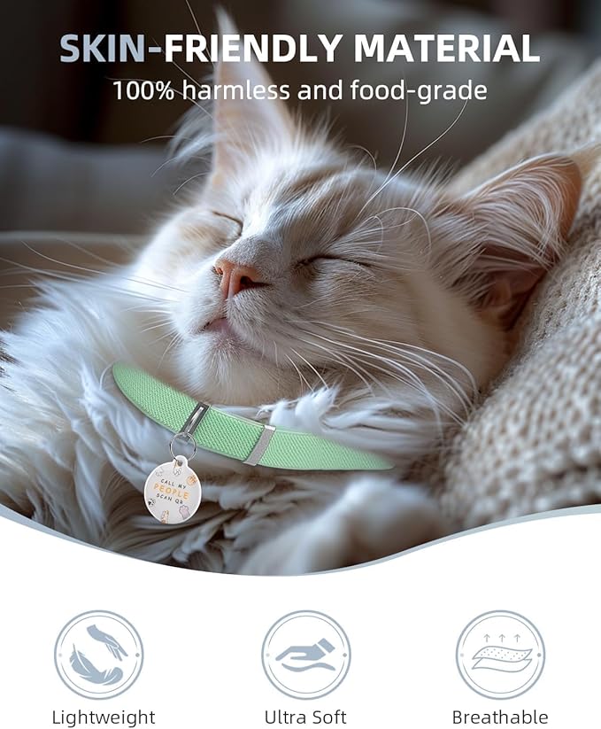 Cat Collar with QR Code Name Tag, Stretch Elastic Quick Release, Cat ID Tag Personalized, Ultra-Durable, Non Breakaway Lightweight Kitten Collar Fits Most Girl Boy Small Large Cats (Green)