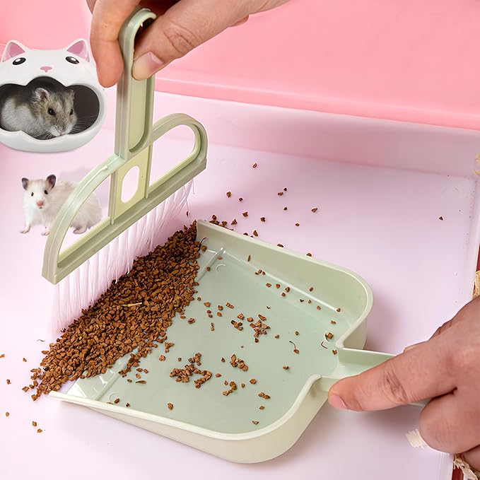 Mini Dustpan and Brush Set, Portable Exquisite Pet Waste Cleaning Kit, Hamster Sand Scooper Cage Cleaning Tool for Small Pets Guinea Pigs Hedgehogs Hamsters Chinchillas Rabbits (Green)