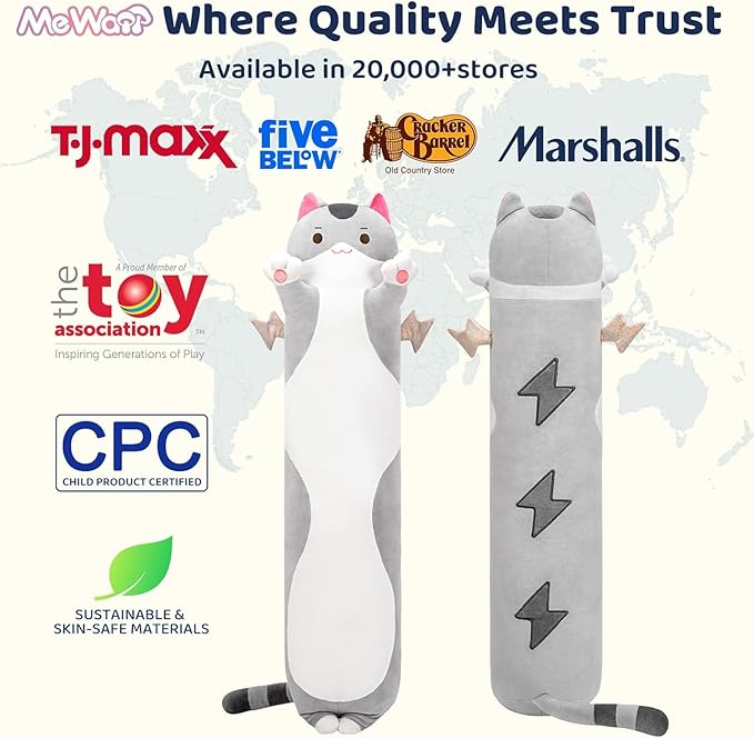Mewaii Long Cat Plush 5 Sizes, 120% Extra Filling Giant Plushness Kids Body Pillow, Kawaii Cute Grey Cat Stuffed Animals Plushies, Big Long Body Pillow Cat Plush Gift for Girls 36”