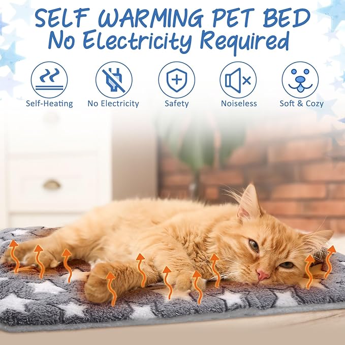 VitalCozy 2 Pack Self Warming Cat Mat Self Heating Pad Bed Reversible Machine Washable Reflects Body Heat Warm Thermal Pet Pad Crate Blanket for Feral and Indoor Cat (Grey,12'' X 12'',Star)