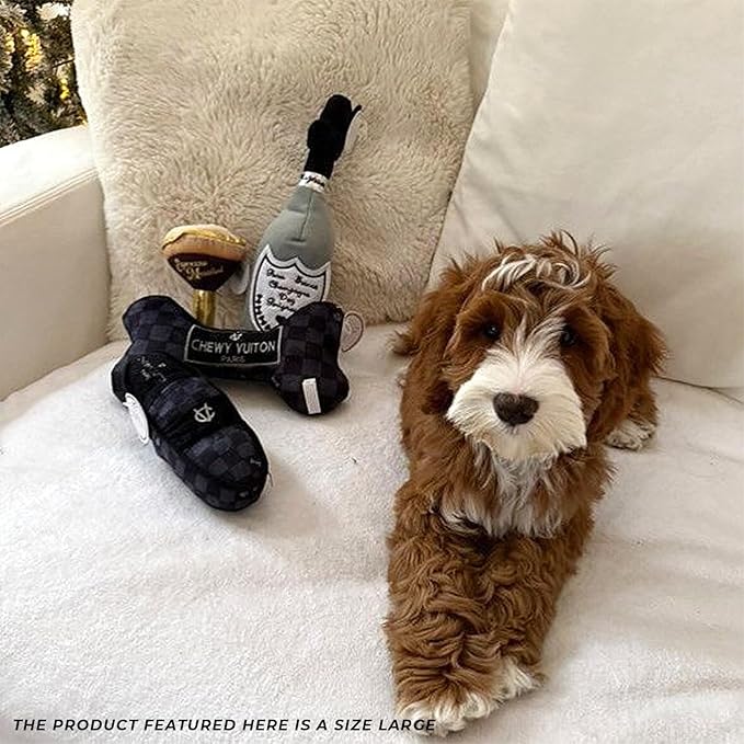Haute Diggity Dog Black Checker Chewy Vuiton Bone, Plush Designer Dog Toys with Interactive Squeaker, Stimulating Pet Enrichment, Machine-Washable & Safe Materials for All Breeds, Size Small