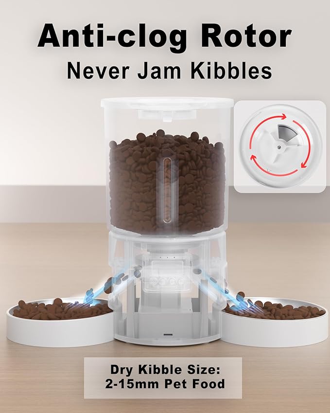 Automatic Cat Feeder for 2 Cats,6 Meals/Day,12 Portions/Meal,Dual Power Double Bowls,Dry Pet Food Autofeeder,10S Voice Record,Flexible Programmable Schedule Timer(White,Stainless Dual Bowls)