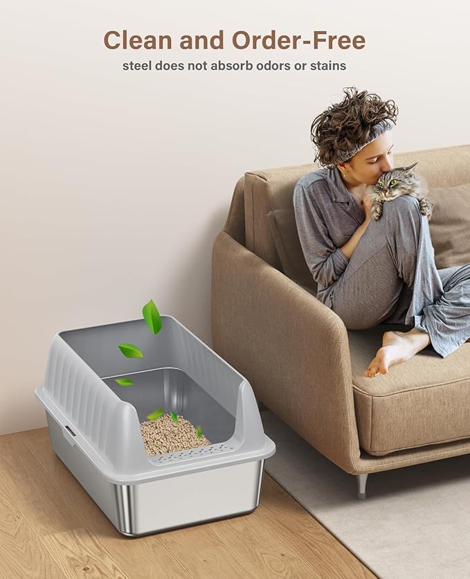 Stainless Steel Cat Litter Box XL with Lid, Enclosed Metal Extra Large Litter Box Pan High Sided with Scoop for Big Cats, Non-Sticky, Anti-Urine Leakage, Easy Cleaning