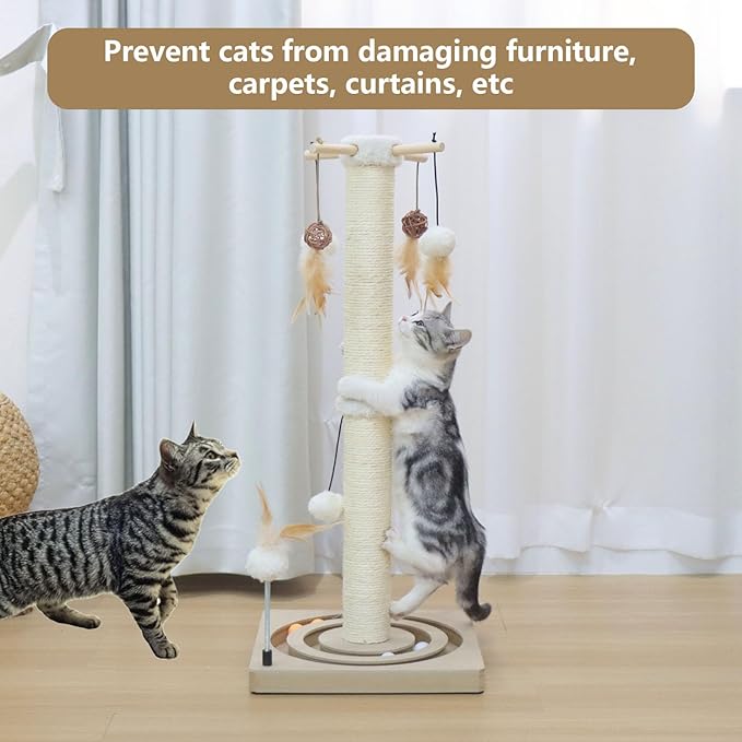 PEEKAB Cat Scratching Post Sisal Scratch Posts for Indoor Cats and Kittens,with Tracking Ball Interactive Toys and Hanging Balls 30 Inches Beige