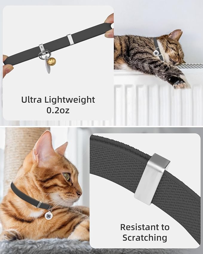 Cat Collar with QR Code Name Tag, Stretch Elastic Quick Release, Cat ID Tag Personalized, Ultra-Durable, Non Breakaway Lightweight Kitten Collar Fits Most Girl Boy Small Large Cats (Black)