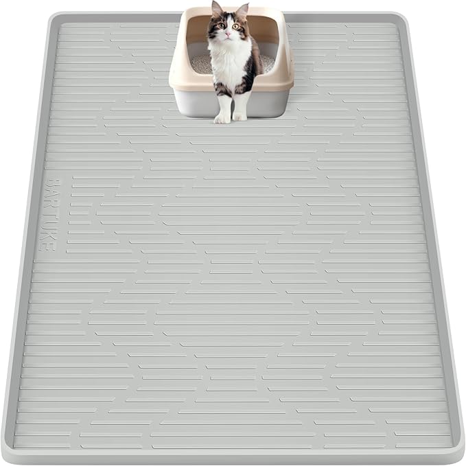 Silicone Cat Litter Mat, 40" x 22" Extra Large Cat Litter Box Mat Litter Trapping Mat for Scatter Control, Waterproof, Soft on Kitty Paws, Clean Floor (Grey)