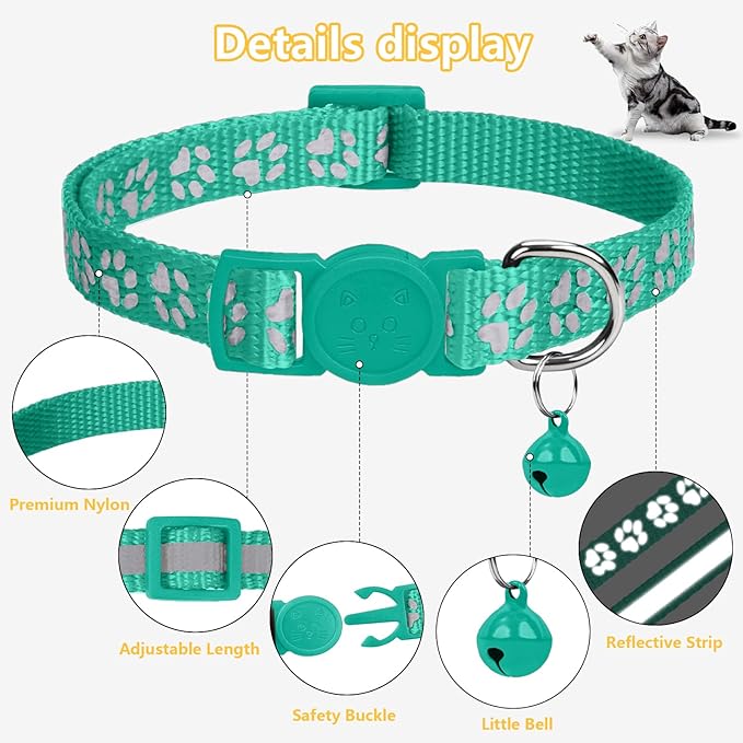 Taglory Reflective Cat Collar Breakaway with Bell, High Visibility Night Strip, Lightweight Adjustable Nylon Collar for Boy Girl Cats, 2 Pack, 7.5-12.5 Inch, Turquoise