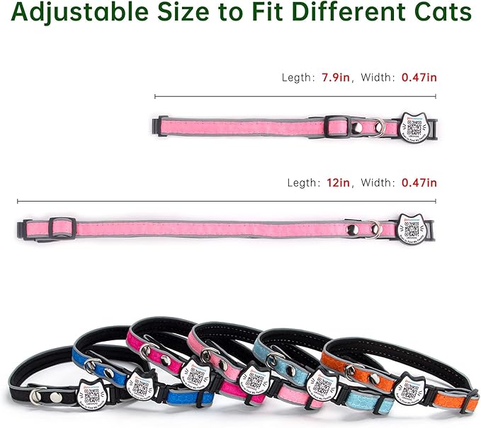Cat Collar with Bells Reflective Cat Collars Breakaway with Oxford Cloth Soft Padding Adjustable Kitten Collar with QR Code（Pink）