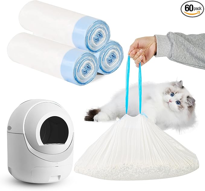 Cat Litter Bags 60 Count, 21.65"x11.8" Drawstring Close Litter Box Liners for Automatic Litter Box,Thick Cat Poop Bags,Easy to Clean,Heavy Duty Robot Bag for Self-Cleaning Box