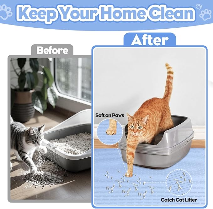 Cat Litter Mat, Extra Large 34" x 22" Silicone Mat Litter Trapping Mat for Scatter Control, Soft on Kitty Paws, Easy to Clean (Blue)