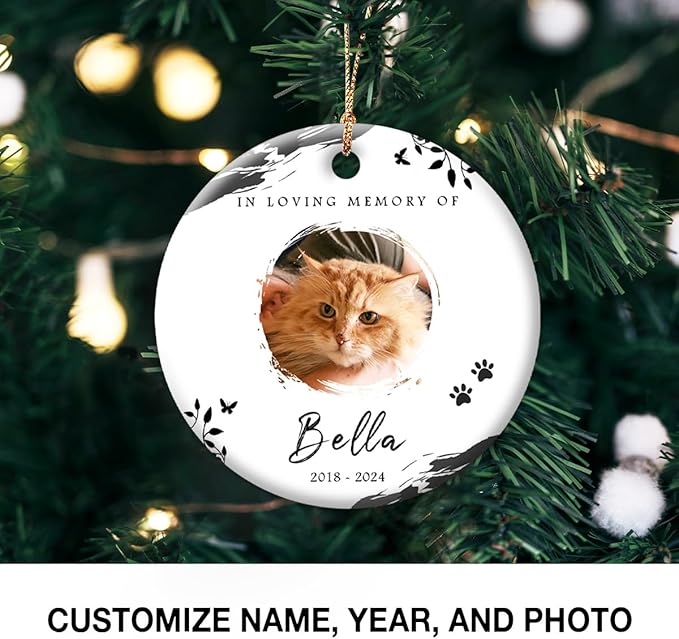 Cat Memorial Ornament - Personalized Ornaments Keepsake for Cats Losses - Pet Loss Gift, Kitten Passing Away Sympathy Gifts - Black & White Image Displayed Option - Custom Kittens Memorial