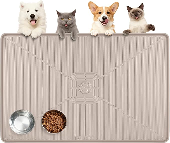 Lorvain 45" x 30" Cat Food Mat, Extra Large Silicone Pet Feeding Mat with Raised Edges, Pet Placemat for Cat Dog Food and Water Bowl Waterproof, Non-Slip, Easy to Clean, Floor Protection, Beige
