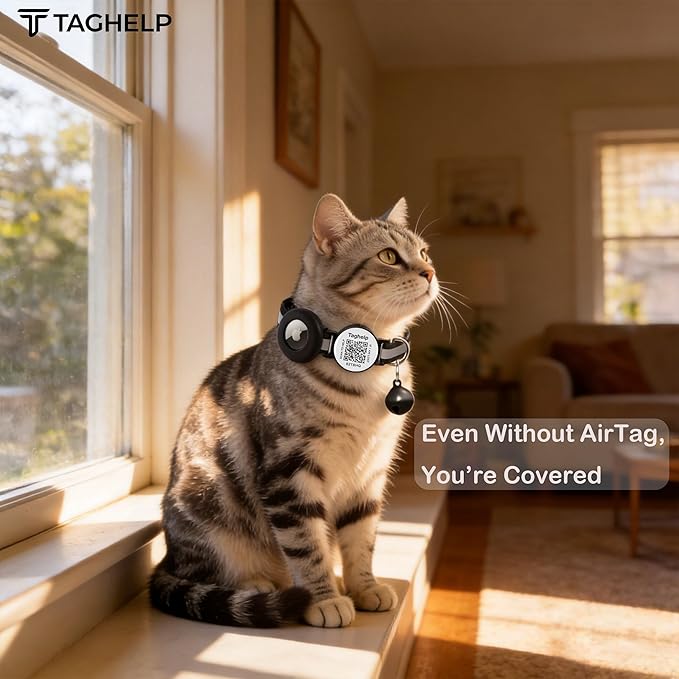 Airtag Cat Collar Breakaway with QR Code Name Tag, Reflective cat Collar airtag Holder with Bell, Cat ID Tag Personalized, Ultra-Durable, Adjustable, Quick Release, Fits Most Cats (Black)