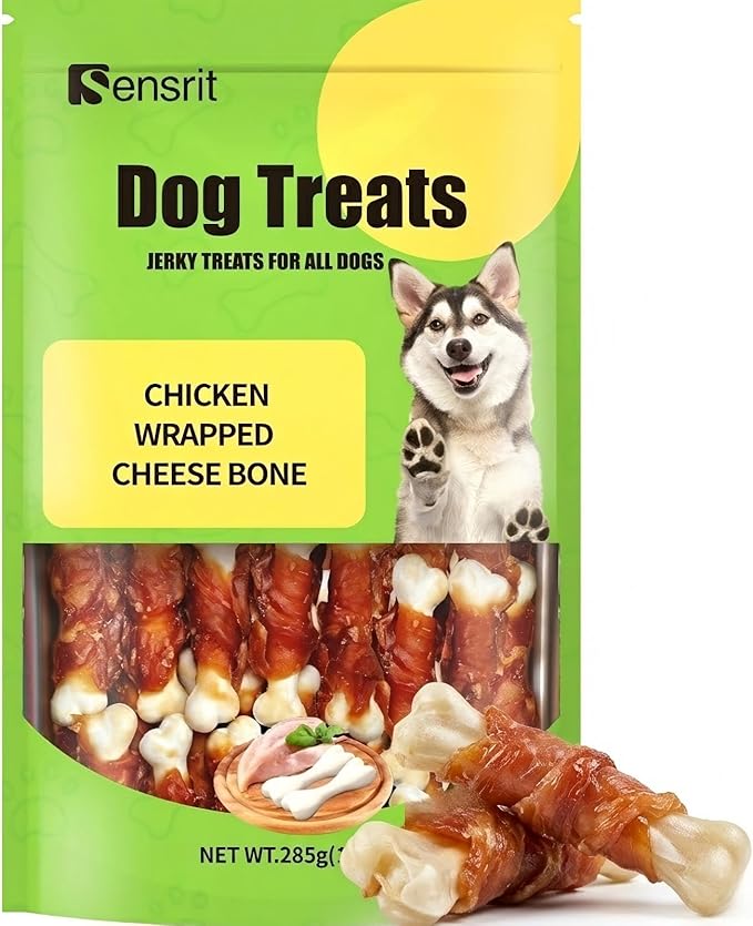 Chicken Wrapped Cheese Bone Dog Treats for All Dogs - 10oz (285g) High Protein Jerky Sticks - Rawhide-Free Calcium Rich Dog Snacks - Healthy Training Rewards & Teeth Cleaning Chews
