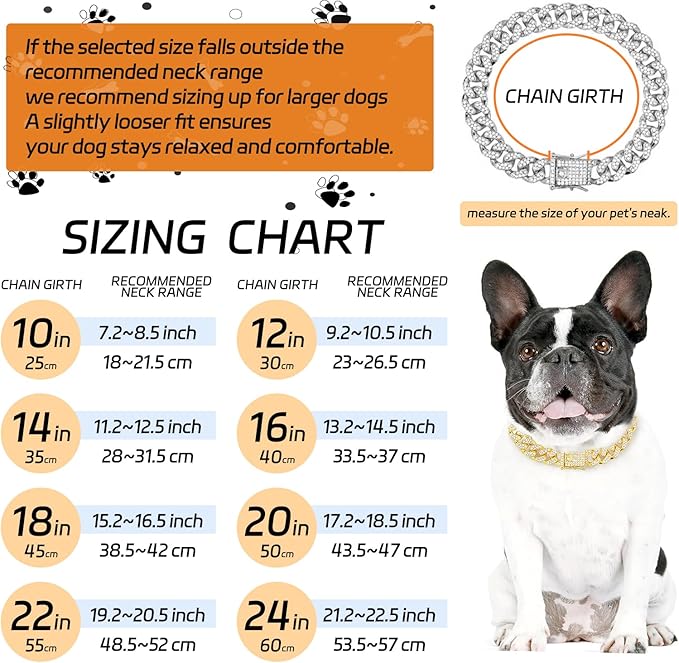 Dog Chain Collar Silver Dog Necklace Diamond Cuban Link Dog Collar 13mm Wide Metal Pet Cat Dog Chain Crystal Collar Jewelry Accessories for Large Medium Small Dogs Cats(Silver,16 Inch)
