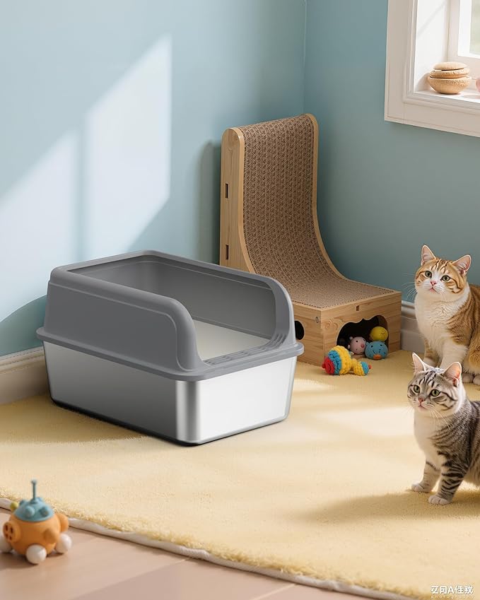 Stainless Steel Cat Litter Box, Metal Litter Box with Scoop, High- Sided, Anti-Leakage Top Entry, Non-Sticky, Easy to Clean, Grey, M (1 Pack)