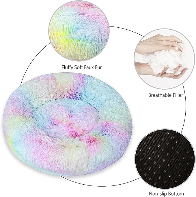 Calming Dog Bed for Medium Dogs Cats, Puppy 31'' Round Anti-Anxiety Warm Fluffy Plush Faux Fur Bed, Soft Anti-Slip Donut Washable, Cozy Medium Puppy Bed, Fits up to 50 lbs Pets