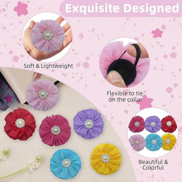 Dog Collar Flower Accessories with Pearls, Decorative Flower Charms for Dog and Cat Collars, Pack of 6