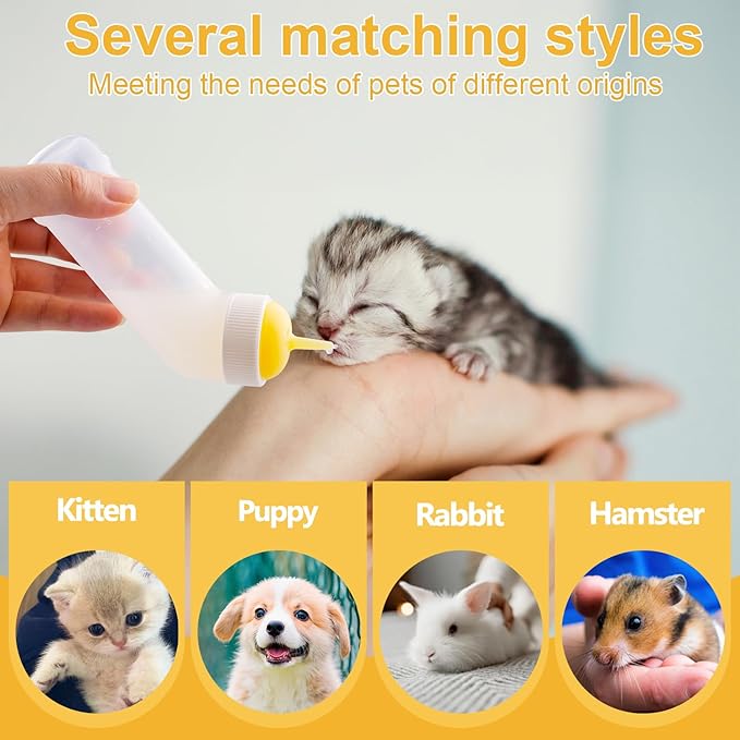 Kitten Nursing Nipple with Syringe, Wide Mouth Angled Puppy Feeding Bottles, with Ventilation Valve Resistant Tearing for Puppies, Kittens, Rabbit, Small Wildlife (M Nipple,Yellow)