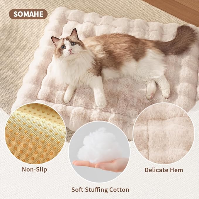 Self-Warming Cat Bed, Plush Faux Fur Pet Bed Mat with Anti-Slip Bottom, Ultra Soft Heated Bed for Cats & Medium Dogs, Cozy Fluffy Pad for Couch & Crate, Machine Washable, 27x20 Inch White