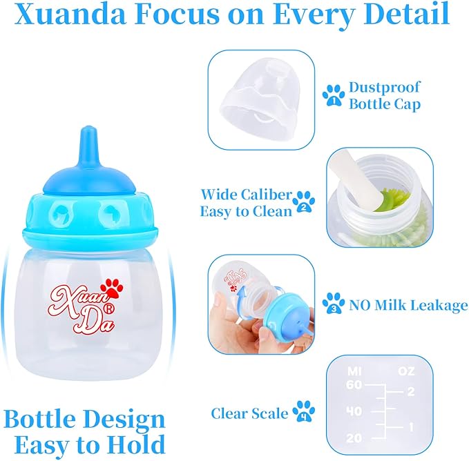 Pet Feeding Bottle,3 Pack 60ml Nursing Bottle, 3 Sizes Nipples with Ventilation Valve Resistant Tearing Perfect for Puppies, Kittens, Small Wildlife（Blue）