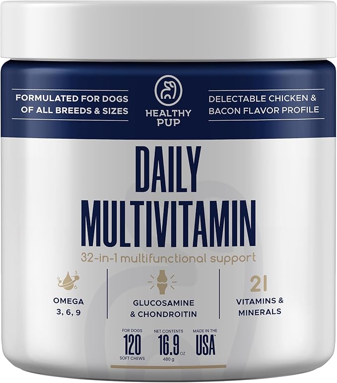 Dog Multivitamin Supplement - 120 Soft Chew Dog Vitamins and Supplements with Omega, Probiotics, Glucosamine, and More - for Small, Large, and Senior Dogs