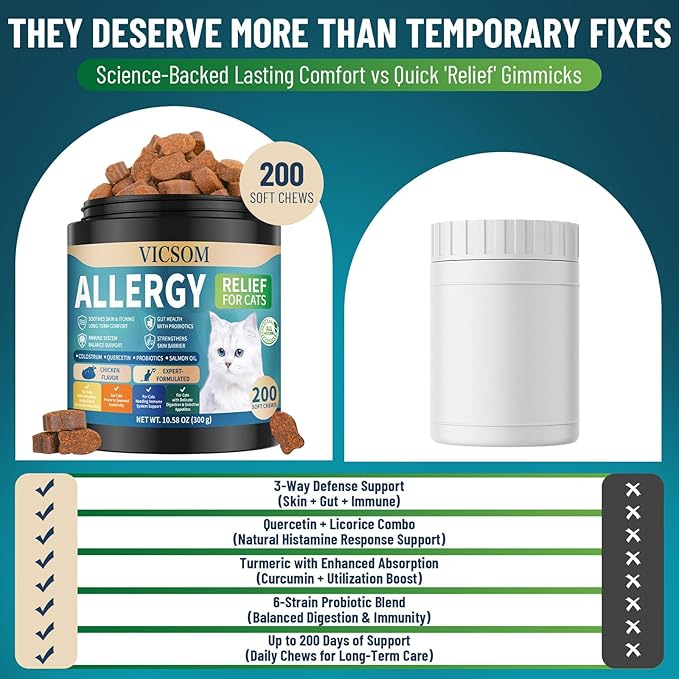 Cat Allergy Relief for Cats, 200 Cat Itchy Skin Allergy Relief Chews for Immune Support & Seasonal Allergies, Anti-Itch Relief for Cats Paws, Eyes, Ears, Stop Licking & Scratching, Chicken Flavor