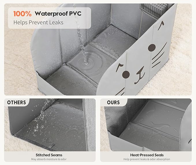 Upgraded PVC Waterproof Cat Litter Box Enclosure Splash Guard with Front Barrier, Cat Box Enclosure with Leak-Proof Bottom, Removable Mat & 2 Scoop Hooks-24.02 x 16.14 x 16.14 in