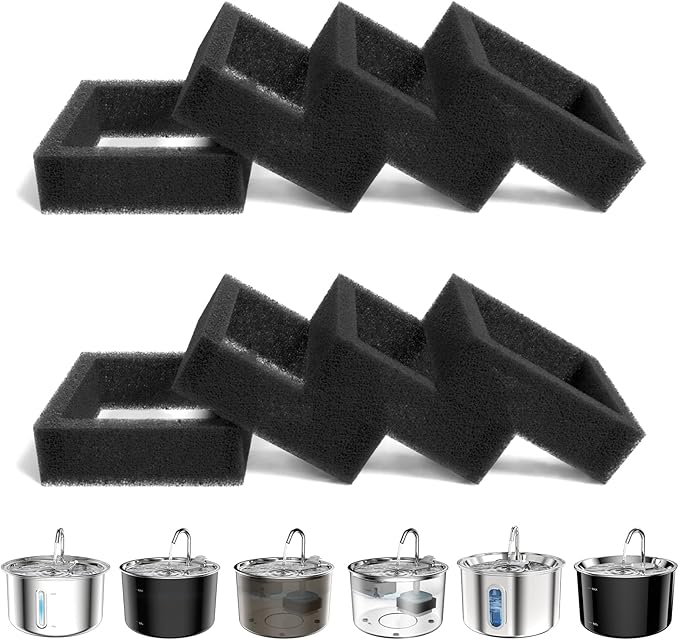 Vividorama Replacement Foam Filter for 3L/ 101oz Cat Water Fountain, 8 Sponge Foam Filters, Black