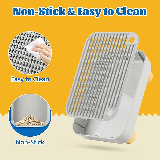 Litter Box Step, Cat Step/Ramp/Catcher with Wooden Base, Filter Function, Easy to Clean, Ideal for Kitten & Elderly Cats (Light Grey)