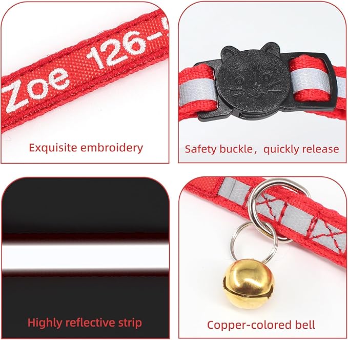 Cat Collar, Personalized Nylon Breakaway Cat ID Collar Embroidered with Pet Name and Phone Number and Bell (Without Airtag case)