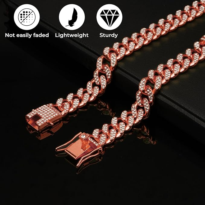 Rose Gold Dog Chain Collar - Crystal Dog Necklace for Small, Medium & Large Dogs (14 Inch)