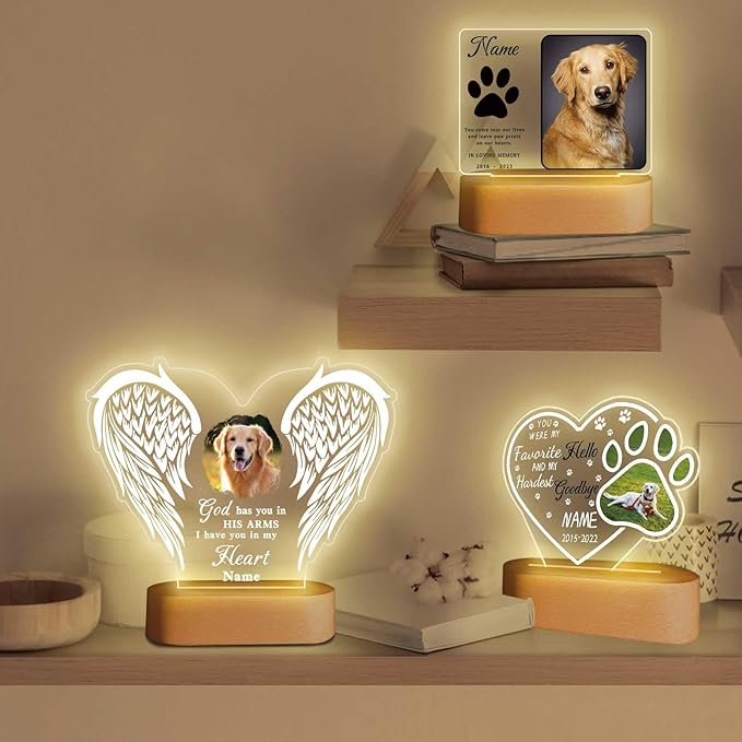 Custom Pet Memorial Night Light Gift Personalized Dog Cat Acrylic Plaque Photo Frame Sympathy Gift Condolence Gifts with Picture Name(Love Wings)
