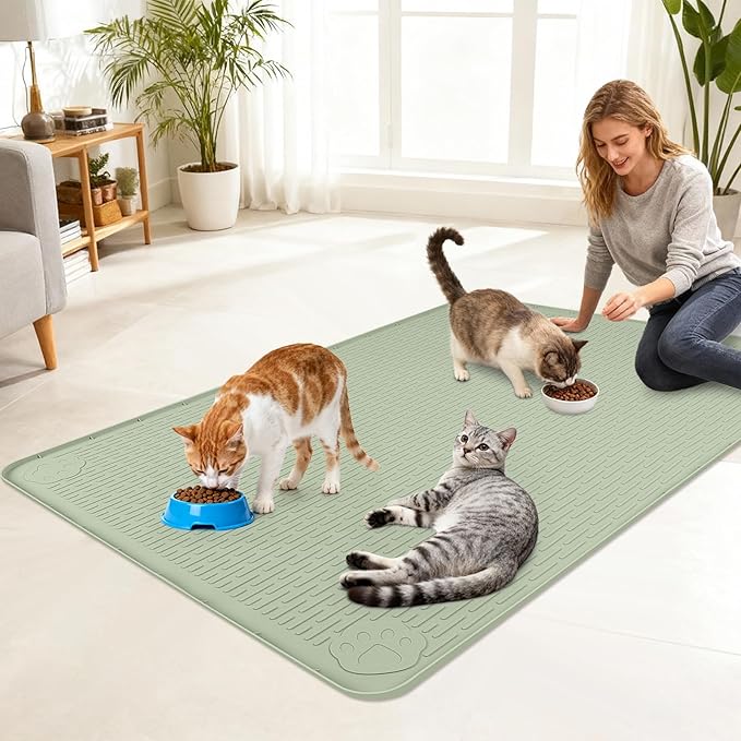 Lanstics Cat Food Mat, 40" x 28" Large Silicone Mat Cat Feeding Mat with Raised Edge Non-Slip Pet Feeding Mat for Food and Water Bowl, Easy to Clean, Floor Protection (Green)
