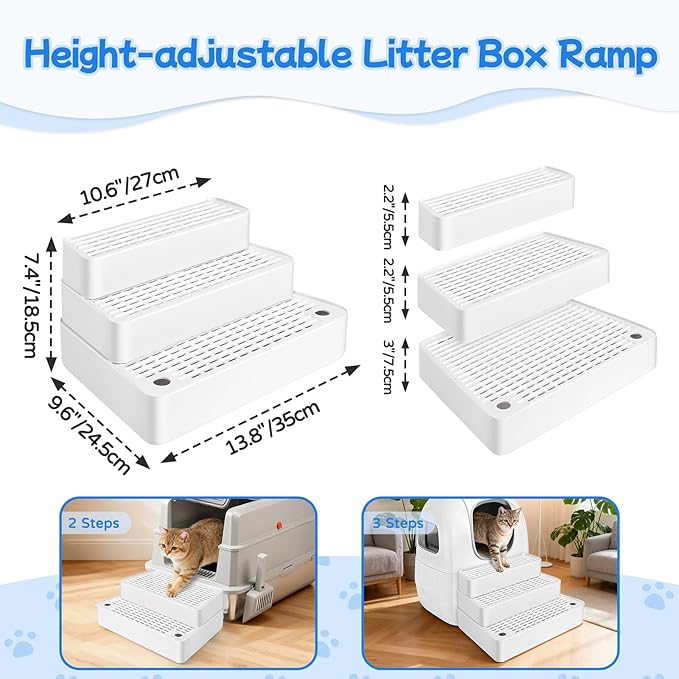 Extra Large 3 Steps Litter Box Ramp, Adjustable Cat Litter Box Step with Filter Function, Easy to Clean Cat Litter Stair Catcher for Elderly Cats and Kitten (White)