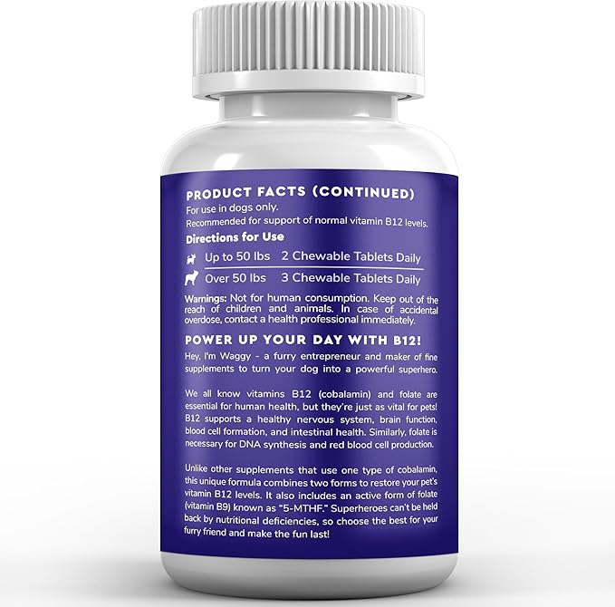 Wonder Paws B12 Supplement for Dogs – Vitamin B-12 for All Ages, Sizes & Breeds – Vitamin B12 for Dogs as Superior Methylcobalamin, Cobalamin & Folate (5-MTHF) – 90 Beef Flavored Chewables