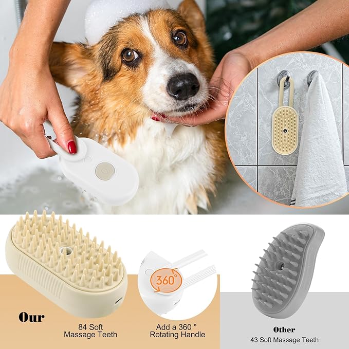 Cat Steam Brush for Shedding – Rechargeable Steam Pet Brush Flea, Anti-Static, Massage, Comb Cleaning All in One Pet Grooming Comb Hair Removal Tool for Cats and Dogs (2 PCS White Brown)