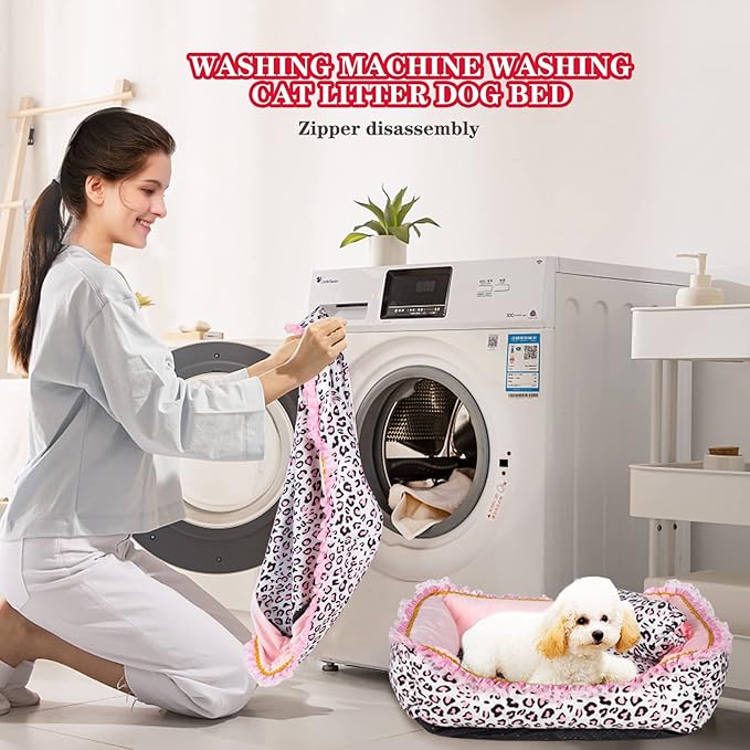 Gigreinc Dog Bed for Small Dogs - Cute Pink Leopard Dog Bed,Cat Beds for Indoor Cats Washable - Square Shape Cat Dog Sofa Bed Pet House Nest Cave(M, 20.8"L x 18"W x 5.5"）