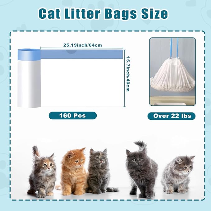 160 Pack Cat Litter Bags, 25 x16 inch Heavy Duty Self-Cleaning Litter Box Liners, Compatible with Litter Box Robot 3 & 4,Extra Thick Waste Drawer Liners (10-12 Gallons)