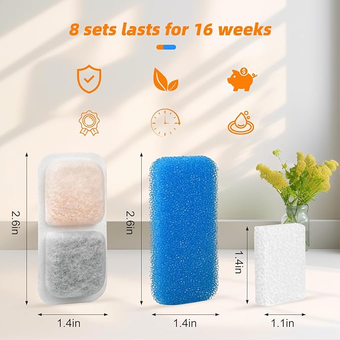 8 Sets Cat Water Fountain Filter Compatible with oneisall 67oz/2L Stainless Steel Cat Water Fountain, Activated Carbon Ion Resin Food Grade PP Cotton, Fresh and Clean
