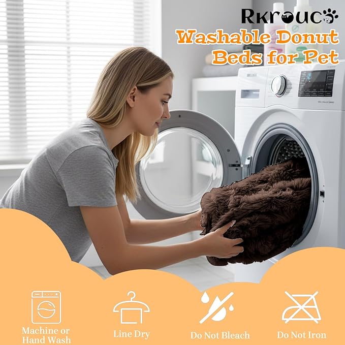Fluffy Dog Bed Calming Donut Beds for Large Dogs Warming Round Small Medium Pet Nest Cozy Cat Mattress Indoor Washable Puppy Kennel Kittens Sleep Mat (S, 23.6×23.6 inch, Brown)