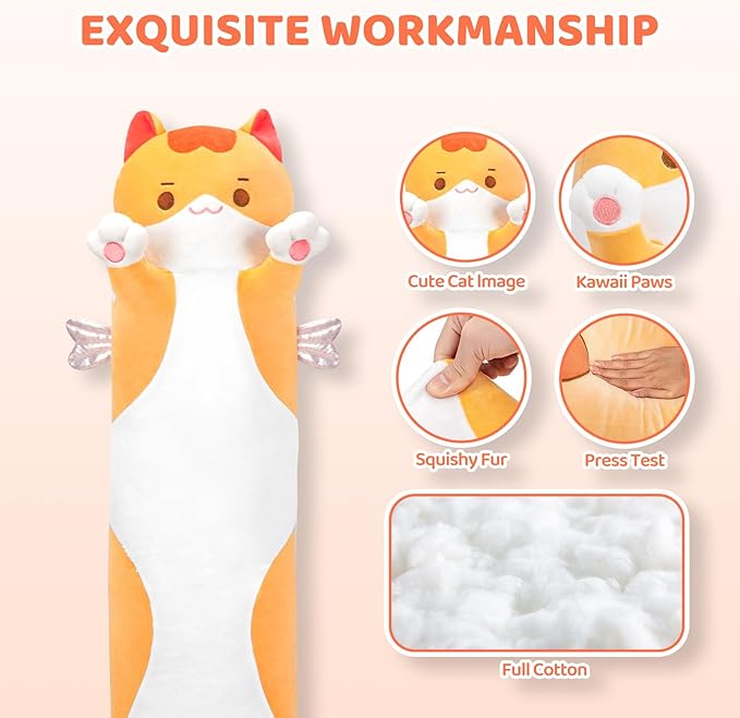 Mewaii Long Cat Plush 5 Sizes, 120% Extra Filling Giant Plushness Kids Body Pillow, Kawaii Cute Brown Cat Stuffed Animals Plushies, Big Long Body Pillow Cat Plush Gift for Girls 36”