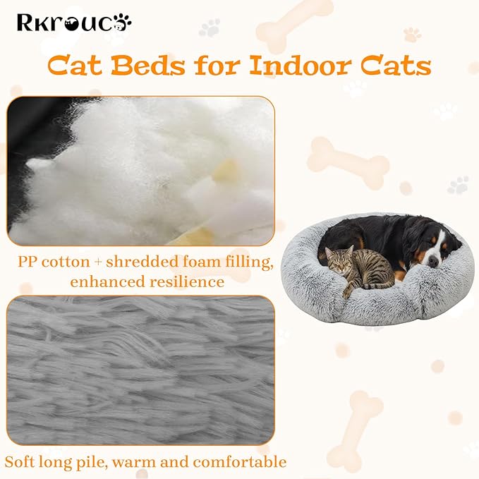 Fluffy Dog Bed Calming Donut Beds for Large Dogs Warming Round Small Medium Pet Nest Cozy Cat Mattress Indoor Washable Puppy Kennel Kittens Sleep Mat (M, 27.5×27.5 inch, Gradient Gray)