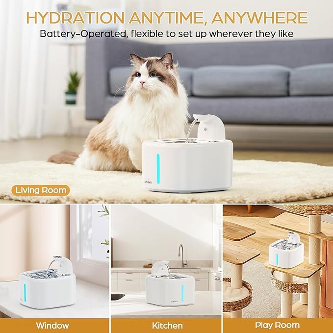 Wireless Cat Water Fountain Stainless Steel, 118oz/3.5L Cordless Automatic Pet Water Dispenser for Cats Indoor, with Motion Sensor, Ultra Quiet Pump, Rechargeable & Multi-Filtration-Silver