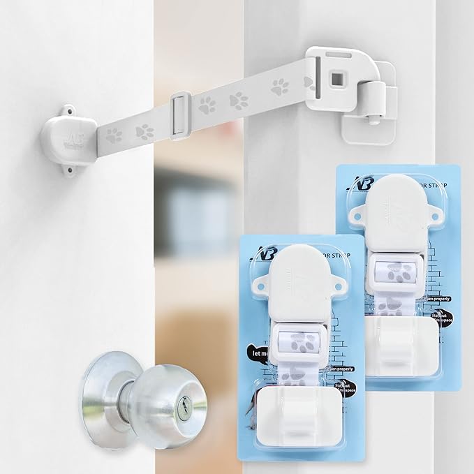 Neobay Adjustable Door Strap and Latch, Damage-Free Cat Door Latch to Keep Dog Out of Litter Box, Economical Alternative of Pet Gates and Interior Cat Door, Basic 2 Packs