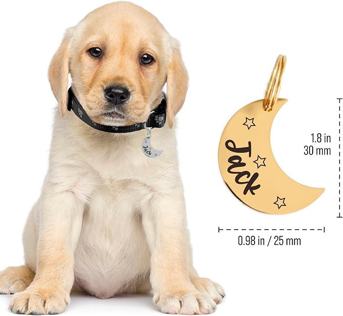 Custom Moon Pet Tag ID, Personalized Stainless Steel Cute Shiny Bling Stars Collar Tag Lost Boy & Girl Dogs Puppies Cats & Ring Engraved SOS Customizable with Owner Information Name, Phone, Address