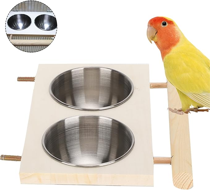 Bird Food Stainless Steel Cups, Parrots Feeding Dish Cups with Wooden Platform, Stainless Steel Food Water Feeder Cage Accessory with StandDouble Bowl