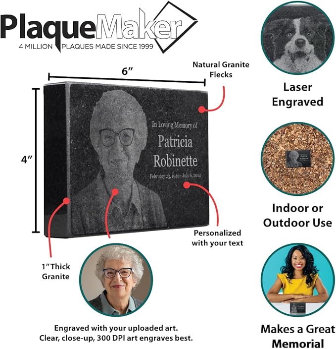 Black Granite Memorial Headstone for Lost Loved Ones, Dogs, Cats, and Family Pets. " Great for Your Garden, Tree Dedication, or in a Cemetery. Includes your personal photo and text. (6 x 4 x 1")